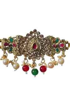 Vintage Style Antique Gold Choker Necklace with Pearl Drops, Ruby and Emerald Beads, Crystal Studded Floral Design