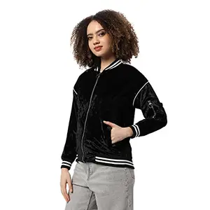 Campus Sutra Women's Black Velvet Regular Fit Cotton Varsity Jacket For Winter Wear | Low-Cut Collar | Full Sleeve | Zipper | Casual Jacket For Woman & Girl | Western Stylish Jacket For Women