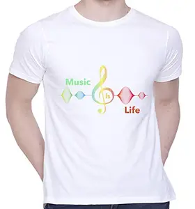 CreativiT Graphic Printed T-Shirt for Unisex Music is Life Tshirt | Casual Half Sleeve Round Neck T-Shirt | 100% Cotton | D00698-1_White_Medium