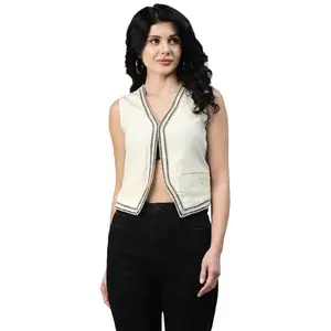 DEEBACO Solid Viscose Lycra Waistcoat For Women's|Hook Closure Front Sleeveless Women Nehru Jacket With Pockets|Western Party Casual Wear Vest for Girls & Ladies (DBWCMR00001486_S_Off White)