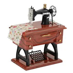 Radiraga Vintage Mini Sewing Machine Music Box, Vintage Sewing Music Box Wooden Mini Musical Box, Sewing Machine Table Desk Mechanical Clockwork Music Box for Home Decor Birthday Gift