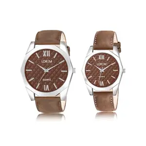 LOREM Combo of Stylish Synthetic Leather Brown Dial Round Watches for Couple-LR85-LR332-FZ