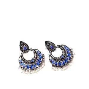 StylishKudi Blue Stone Studded Oxidised Earrings With Hanging Pearls