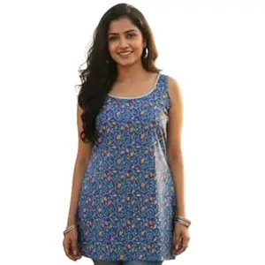 AAVIVA Women’s Sleeveless Printed Short Kurti Knee-Length with Floral Pattern Blue