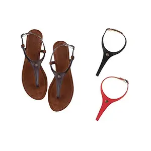 Cameleo -changes with You! Cameleo -changes with You! Women's Plural T-Strap Slingback Flat Sandals | 3-in-1 Interchangeable Leather Strap Set | Brown-Black-Red