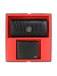 Tommy Hilfiger Esteban Unisex Leather Gift Set Including 1 Pc Mens Global Coin Wallet & 1 PC Womens Flap Wallet Black