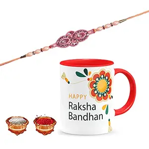 Manonita Rakhi Gift for Brother, bhaiya bhabhi, Gift Set (Rakshabandhan Mug, Roli,Chawal) REDMUG-5-BF