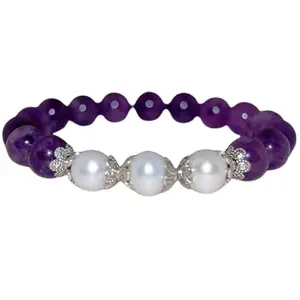 Lady Works Natural Amethyst & Fresh Water Pearl 10mm Round Shape Smooth Cut Beads 6.5 Inch Stretchable Bracelet For Men & Women. Unisex Bracelet For Healing, Meditation, Prosperity & Luck|LW_BRST_00472_6.5