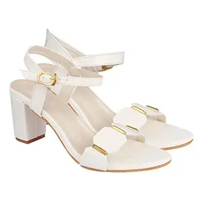 Shoetopia Elegant White Heeled Sandals for Women ||Ankle Strap Chunky Block Heels with Gold Accent – Open Toe Dress EU39
