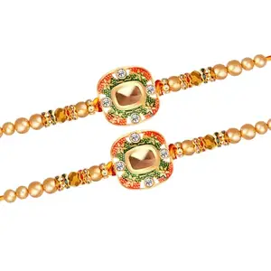 De Marquis 2 Designer Rakhi Gift Set for Brother, Mauli Thread Rakhi, Chawal Roli Pack, Greeting Card Set (2 Multicolor RAKHI set in different design with Roli and chawal)