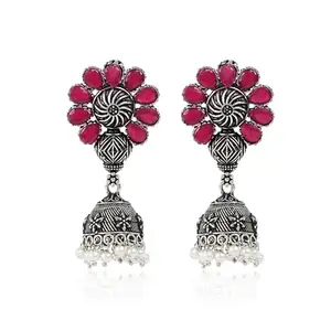 SB jewellers Oxidized silver jhumka Earrings for Women & Girls | Traditional Floral Design with red stone | Ethnic indian jewellery for Festive & weeding wear
