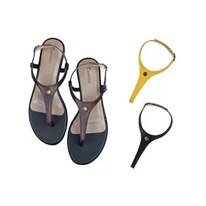 Cameleo -changes with You! Women's Plural T-Strap Slingback Flat Sandals | 3-in-1 Interchangeable Leather Strap Set | Brown-Yellow-Black
