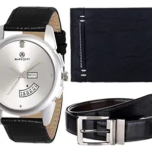 MARKQUES Day and Date Men's Watch, Leather Wallet and Belt 3 in 1 Combo Festival Gift Set for Men and Boys (STV-770901-MAX-01-OT-01)