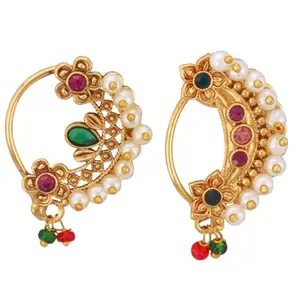 VIVASTRI FASHION JEWELLERY Vivastri Premium Gold Plated White Pearl,Moti Beaded Alloy Nath,Nathiya,Nosepin,Nosering,Guttapusalu For Women & Girls -VIVA1261-1262NTH-PRESS-MULTI