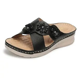 XE Looks Women's Black Doctor Slippers | Stylish Floral Design with Cushioned Wedge Sole | Ultimate Comfort and Arch Support Doctor Slippers For Girls & Women