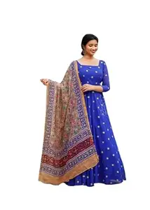 Generic Brij Fashion Solid Georgette Sequence Maxi Dress with Beautiful Radhe Krishna Figure Dupatta | Blue Gown Kurties Dresses (Large) Blue_23