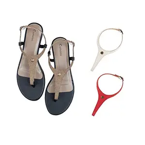 Cameleo -changes with You! Women's Plural T-Strap Slingback Flat Sandals | 3-in-1 Interchangeable Leather Strap Set | Brown-Polka-Dots-White-Red