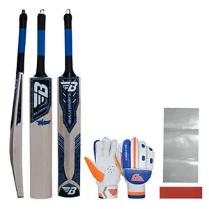 BHAJJI Kashmiri Willow Cricket BAT Blade, Batting Gloves 202 Mens and BAT Care KIT Including Fibre Tape Along with Toe Guard