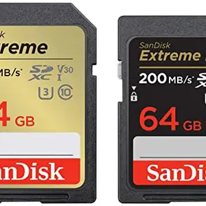 SanDisk Extreme SD UHS I 64GB Card for 4K Video for DSLR and Mirrorless Cameras 170MB/s Read & 80MB/s Write & Extreme Pro SD UHS I 64GB Card for 4K Video for DSLR and Mirrorless Cameras 200MB/s Read price in India.