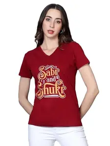 FLEXIMAA Women's Cotton V Neck Printed Maroon Color Half Sleeve T-Shirt M Size