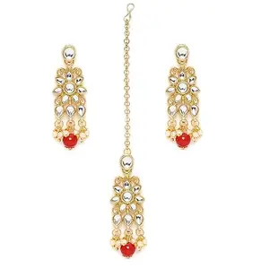 OOMPHelicious Jewellery Red Kundan Jadau Maangtikka Set Drop Earrings For Women & Girls Stylish Latest (MT^EAR-NEMDP5_CC1)