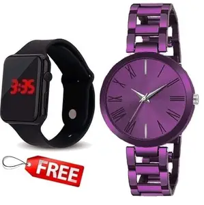 Maa Creation New Design Leather Strap Analog Watch and Rubber Strap Digital Watch Free for Girls(SR-616) AT-616