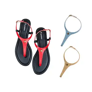 Cameleo -changes with You! Women's Plural T-Strap Slingback Flat Sandals | 3-in-1 Interchangeable Strap Set | Red-Leather-Light-Blue-Olive-Green
