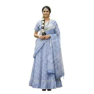 Blue Floral Print Lehenga Choli Set with Dupatta, Traditional Indian Ethnic Wear,Gopi Dress, vrindavan Dress