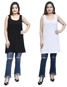La Rainbow Cotton Plus-Size Long Stretchable Camisole Sando Shameej Slip Inner wear| Tank/Vest Top for Women's & Girls-Black and White Free Size(XL-5XL)