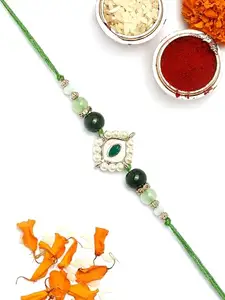 Karatcart Gold Plated Green Evil Eye Kundan Bhiya Rakhi with Roli & Chawal