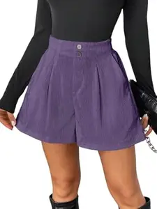 GRECIILOOKS Women's High Waist Tailored Shorts | Ribbed Poly Lycra Blend Summer Shorts with Pockets & Button Closure | Elegant Folded Hem Casual Wear for College, Brunch & Daily Outings