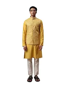 PATR Tarsa Mustard Cotton Blend Embroidered Bundi for Men – Trendy, Comfortable, and Ideal for Casual & Festive Occasions