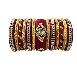 HABSA HABSA Silk Thread Bangles Designer Stone Worked Bridal/Wedding Chuda Bangle Sets for Festival Wear (Maroon-Gold) (Pack of 13) (Size-2/6)