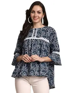 ANAISA Women Cotton Blue Printed, Lace Work, 3/4 Sleeves, Regular Length Top