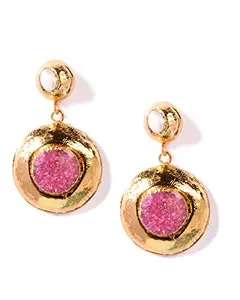 Gempro Genuine Pink Druzy Gemstone Fresh Water Pearl Classic Drop Earring for Women