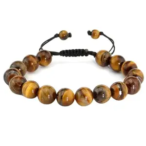 Lady Works Natural Tigers Eye Threaded Bracelet 10mm Round Smooth Beads Tigers Eye Adjustable Thread Bracelet. Unisex Macrame Yoga Bracelet.|LW_TDBR_1761