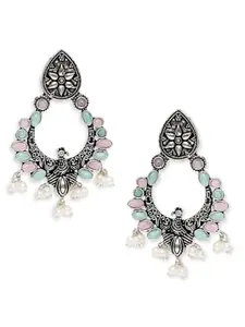 fabula Jewellery Silver Oxidised Pink & Ferozi Blue Peacock Shape Ethnic Drop Earrings For Women & Girls Stylish Latest (EJAM72_AFR1)
