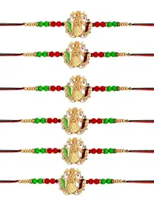 Adiva Pack of 6 Handmade Lord Radha & Krishna CZ Stone Rakhis for Brother, Raksha Bandhan Rakhi Gift Set with Roli Chawal & Chandan