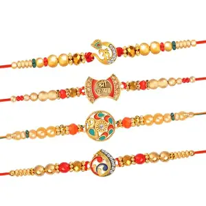 De Marquis 4 Designer Rakhi Gift Set for Brother, Mauli Thread, Chawal Roli Pack, Greeting Card Set (4 Multicolor RAKHI set in different design with Roli and chawal)