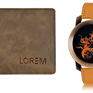 LOREM Brown, Tan Color Faux Leather Wallet & Black Analog Watch Combo for Men | WL26-LR64