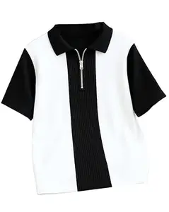 AUSK Men's Textured Vertical Striped Knit Polo T-Shirt | Half Sleeve Zipper Neck Self-Design Casual Tee | Mens Tshirts