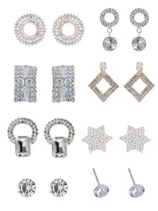 PRIVIU Set Of 8 Silver & Rose Gold Rhinestone Drop Earrings For Women & Girls