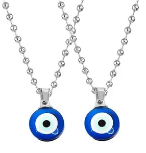De-Ultimate (Set Of 2 Pcs) Round Shape Dual Side Blue Stone Moti Beads Evil Eye Nazar Suraksha Kavach Pendant Locket Charm Necklace With Chain For Girl's And Women's