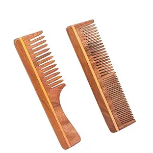 AMP CREATIONS Handmade Natural Pure Healthy Neem Wooden - Comb Wide Tooth for Hair Growth,Anti-Dandruff Comb For Women And Men (Mix Combo Pack of 2)