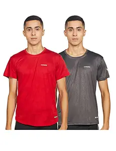 Charged Active-001 Camo Jacquard Round Neck Sports T-Shirt Red Size Medium And Charged Play-005 Interlock Knit Geomatric Emboss Round Neck Sports T-Shirt Dark-Grey Size Medium