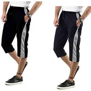 Mens Cotton Solid Regular Side Patta Capri 3/4th Lower (Pack of 2) Navy Blue::Black