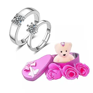 University Trendz Valentine Romantic Combo of Silver Plated Couple Stone Love Ring with Soft Pink Teddy Bear For Women Men (Pack of 2)