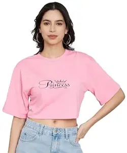 TREND LEVEL Women's Printed Cotton Blend Oversized Crop T-Shirts (Crop T-Shirt Princess Print)