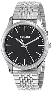 Sonata Essentials Quartz Analog Black Dial Silver Stainless Steel Strap Watch for Men - NS77082SM01