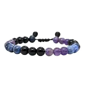 RRJEWELZ Natural Amethyst, Sodalite & Black Tourmaline Round Shape 8mm Smooth Beads Black Color Threaded Adjustable Bracelet For Men & Women. |TDBR_0388